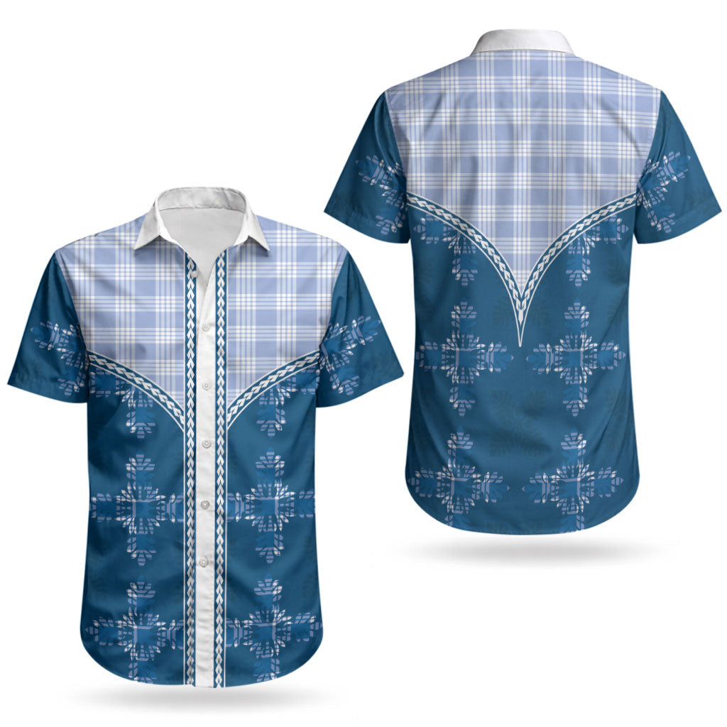 Blue Hawaii Paniolo Quilt Motif Couples Matching Off The Shoulder Long Sleeve Dress and Hawaiian Shirt LT05 - Polynesian Pride
