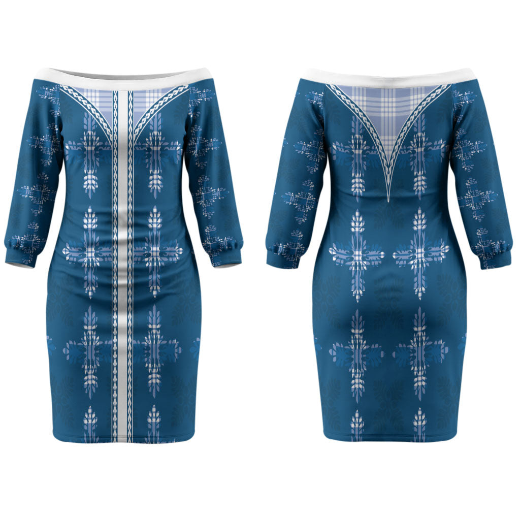 Blue Hawaii Paniolo Quilt Motif Couples Matching Off The Shoulder Long Sleeve Dress and Hawaiian Shirt LT05 - Polynesian Pride