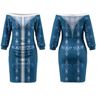 Blue Hawaii Paniolo Quilt Motif Couples Matching Off The Shoulder Long Sleeve Dress and Hawaiian Shirt LT05 - Polynesian Pride