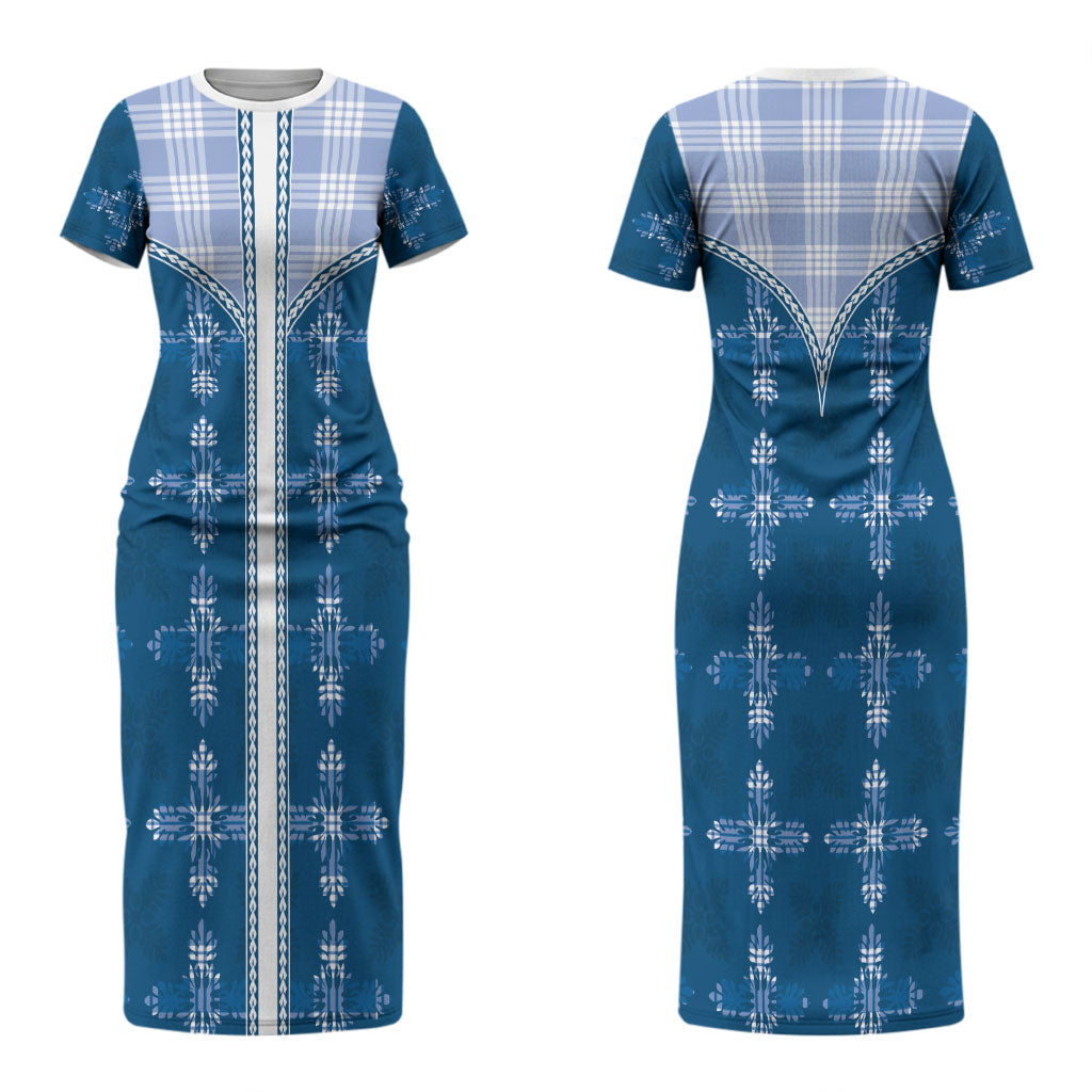 Blue Hawaii Paniolo Quilt Motif Couples Matching Short Sleeve Bodycon Dress and Hawaiian Shirt LT05 - Polynesian Pride