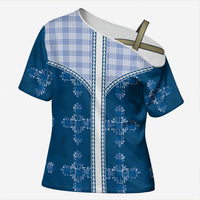 Blue Hawaii Paniolo Quilt Motif Cross Shoulder Shirt LT05 Female Blue - Polynesian Pride