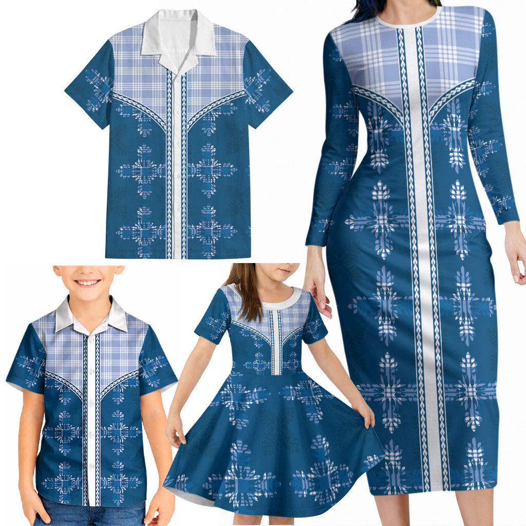 Blue Hawaii Paniolo Quilt Motif Family Matching Long Sleeve Bodycon Dress and Hawaiian Shirt LT05 - Polynesian Pride