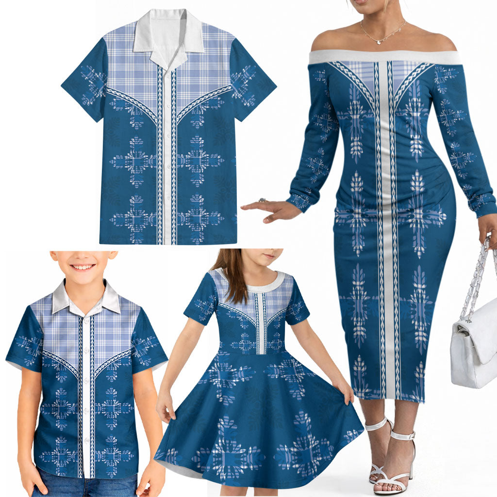 Blue Hawaii Paniolo Quilt Motif Family Matching Off The Shoulder Long Sleeve Dress and Hawaiian Shirt LT05 - Polynesian Pride