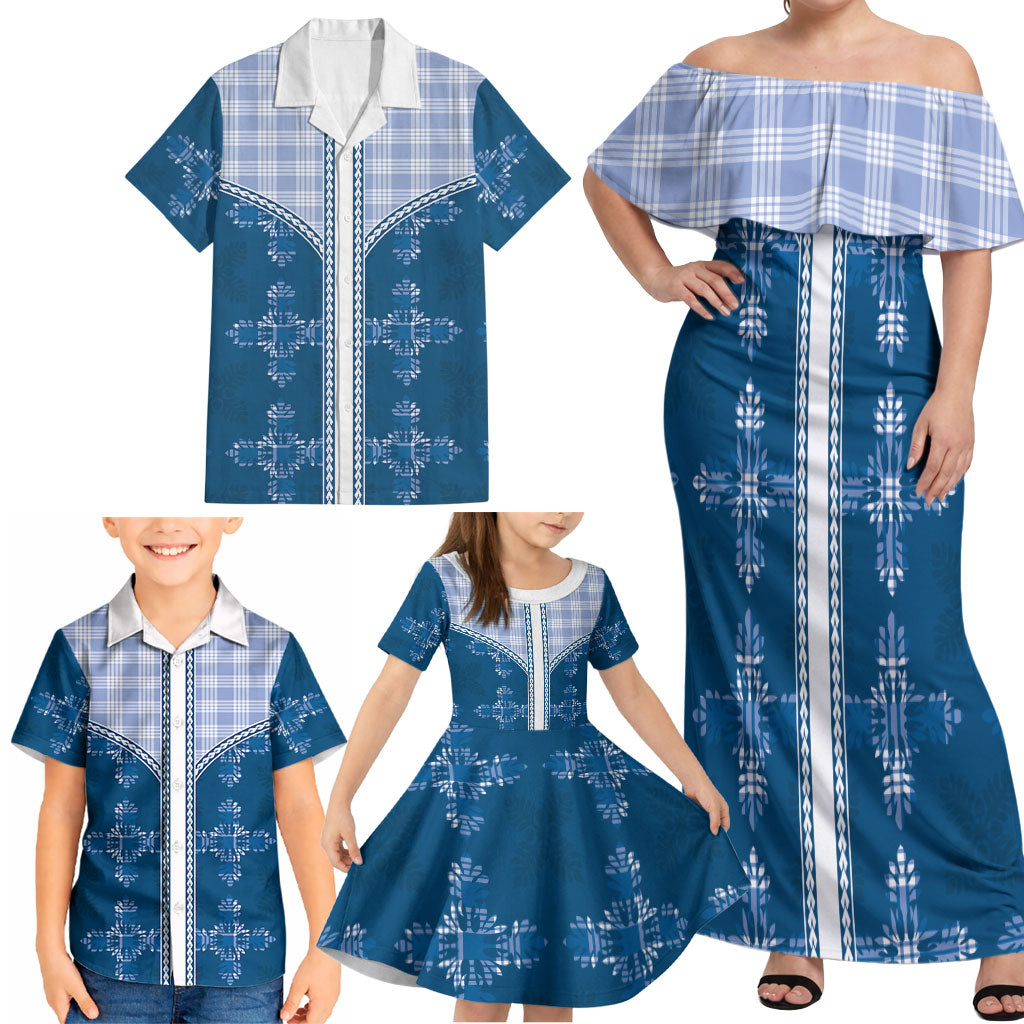 Blue Hawaii Paniolo Quilt Motif Family Matching Off Shoulder Maxi Dress and Hawaiian Shirt LT05 - Polynesian Pride