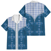 Blue Hawaii Paniolo Quilt Motif Family Matching Off Shoulder Maxi Dress and Hawaiian Shirt LT05 Dad's Shirt - Short Sleeve Blue - Polynesian Pride