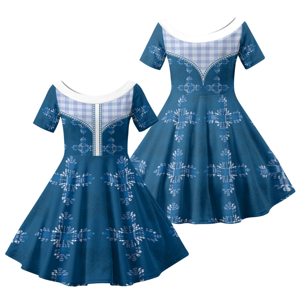 Blue Hawaii Paniolo Quilt Motif Family Matching Off Shoulder Maxi Dress and Hawaiian Shirt LT05 Daughter's Dress Blue - Polynesian Pride