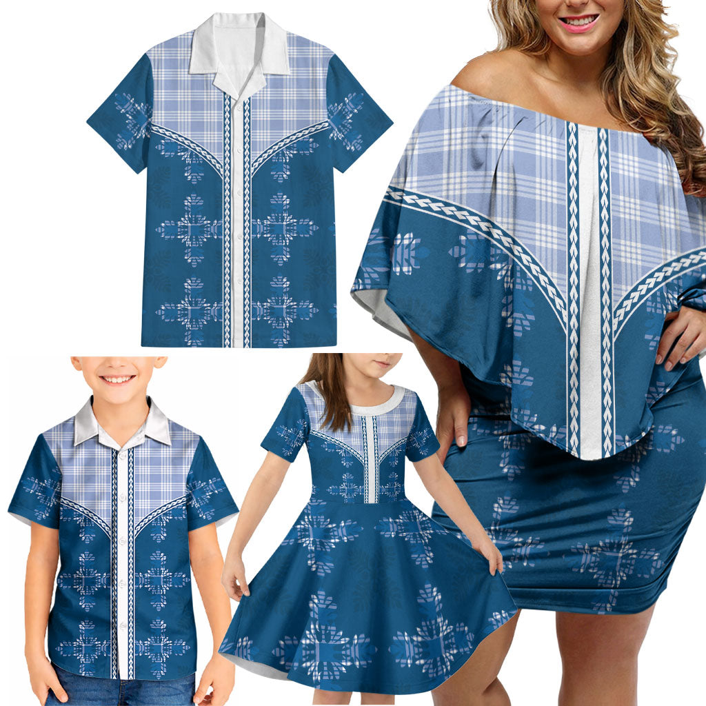 Blue Hawaii Paniolo Quilt Motif Family Matching Off Shoulder Short Dress and Hawaiian Shirt LT05 - Polynesian Pride