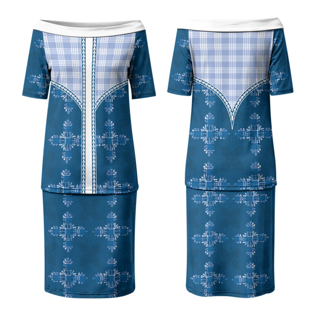 Blue Hawaii Paniolo Quilt Motif Family Matching Puletasi and Hawaiian Shirt LT05 Mom's Dress Blue - Polynesian Pride