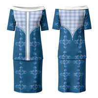 Blue Hawaii Paniolo Quilt Motif Family Matching Puletasi and Hawaiian Shirt LT05 Mom's Dress Blue - Polynesian Pride