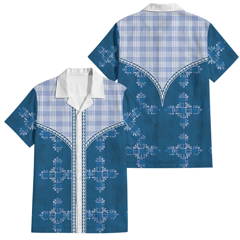 Blue Hawaii Paniolo Quilt Motif Family Matching Puletasi and Hawaiian Shirt LT05 Dad's Shirt - Short Sleeve Blue - Polynesian Pride