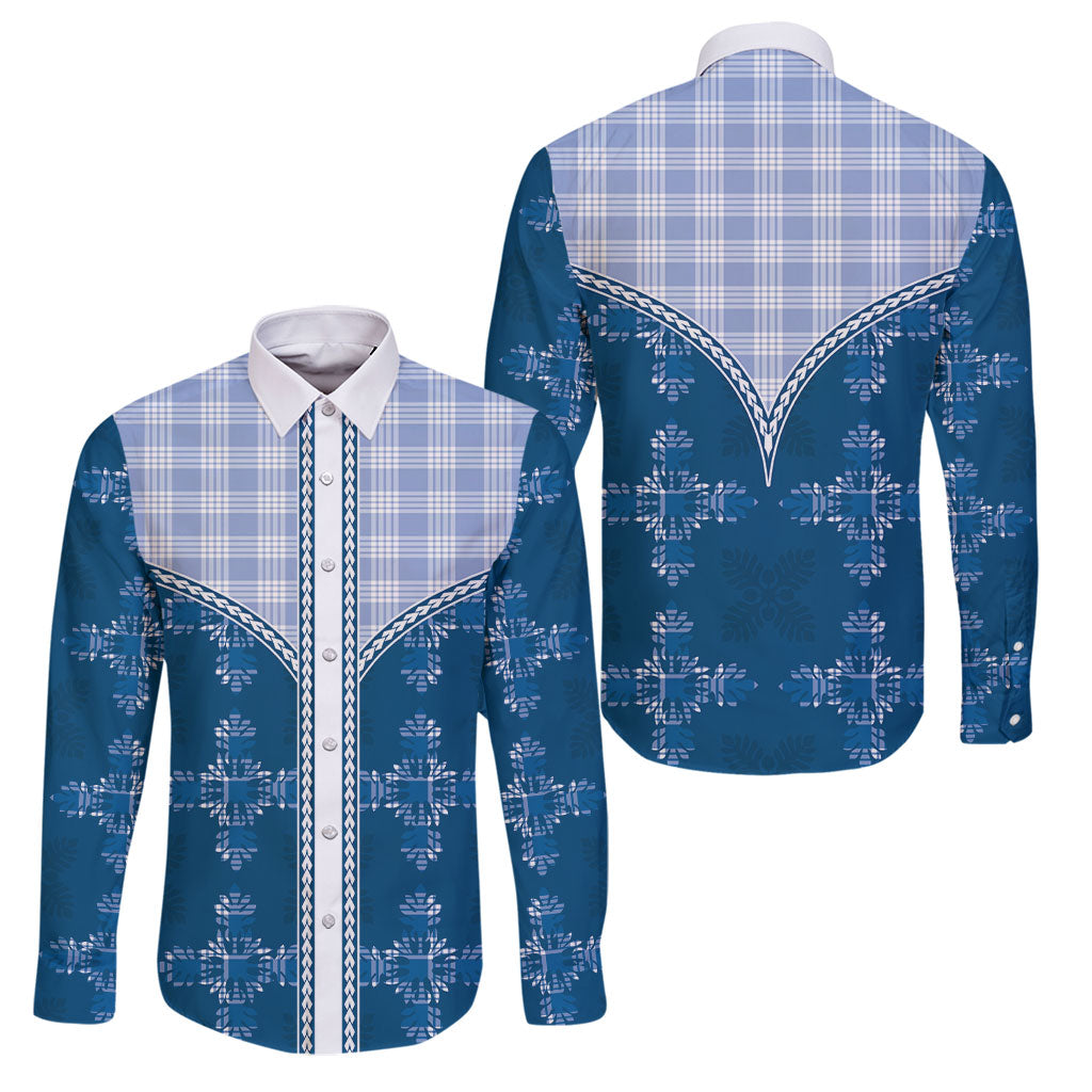 Blue Hawaii Paniolo Quilt Motif Family Matching Puletasi and Hawaiian Shirt LT05 Dad's Shirt - Long Sleeve Blue - Polynesian Pride
