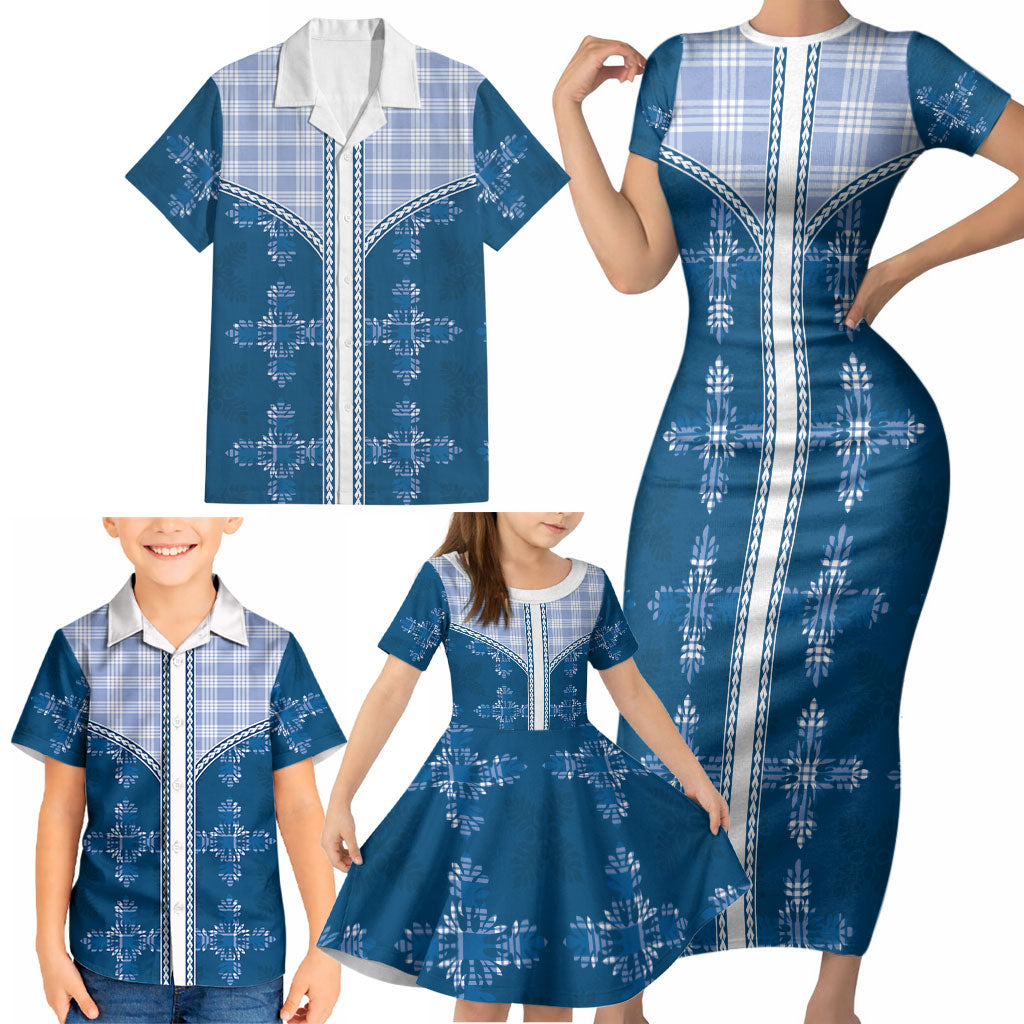 Blue Hawaii Paniolo Quilt Motif Family Matching Short Sleeve Bodycon Dress and Hawaiian Shirt LT05 - Polynesian Pride