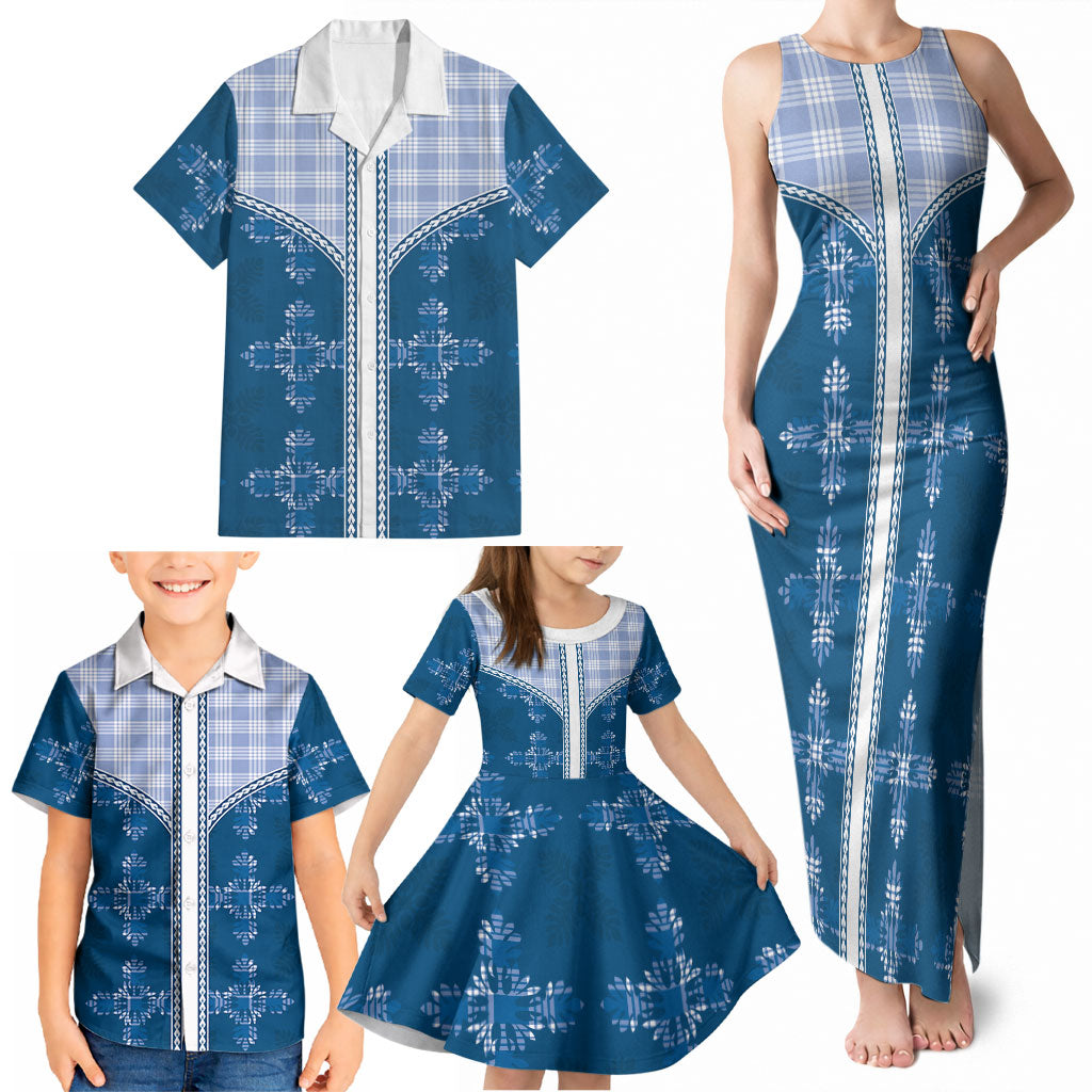 Blue Hawaii Paniolo Quilt Motif Family Matching Tank Maxi Dress and Hawaiian Shirt LT05 - Polynesian Pride