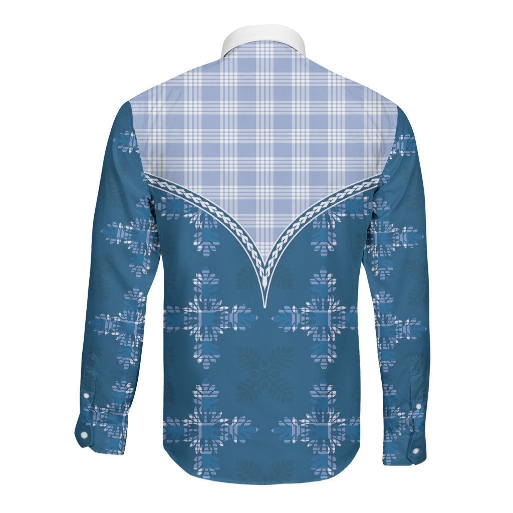 Blue Hawaii Paniolo Quilt Motif Long Sleeve Button Shirt LT05 - Polynesian Pride