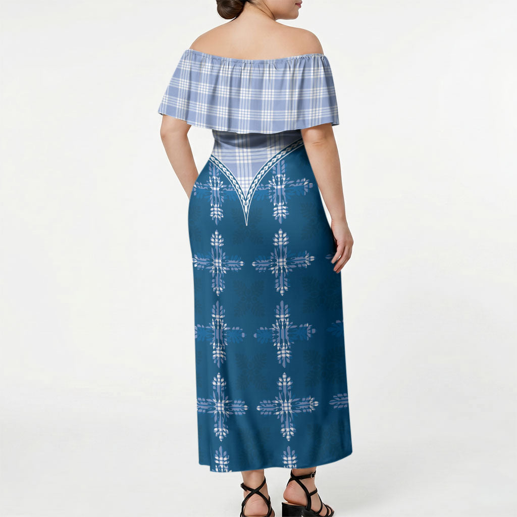 Blue Hawaii Paniolo Quilt Motif Off Shoulder Maxi Dress LT05 - Polynesian Pride