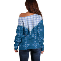 Blue Hawaii Paniolo Quilt Motif Off Shoulder Sweater LT05 - Polynesian Pride