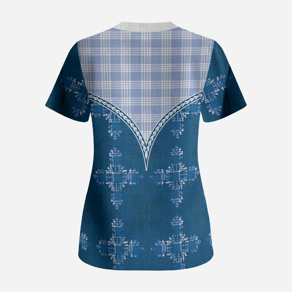 Blue Hawaii Paniolo Quilt Motif Scrub Top LT05 - Polynesian Pride