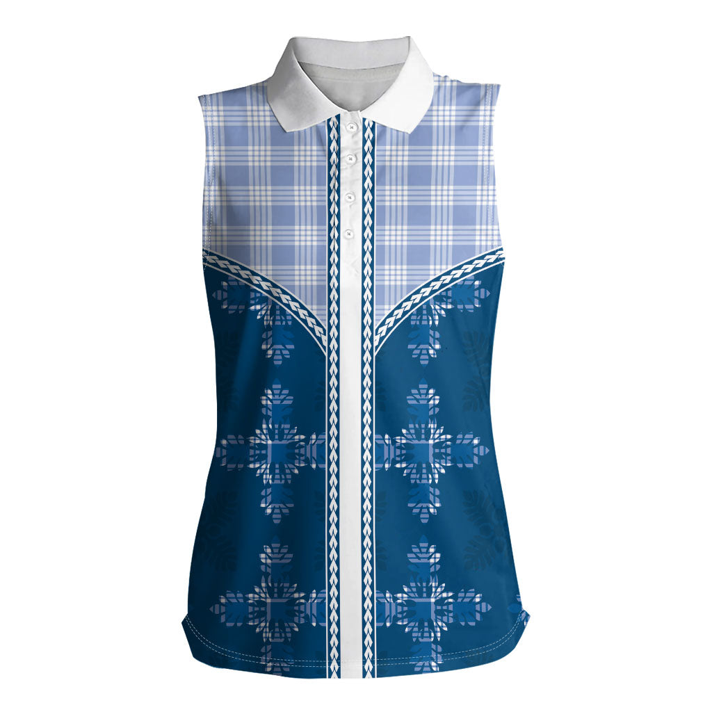 Blue Hawaii Paniolo Quilt Motif Women Sleeveless Polo Shirt LT05 Female Blue - Polynesian Pride