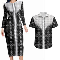 Black Hawaii Paniolo Quilt Motif Couples Matching Long Sleeve Bodycon Dress and Hawaiian Shirt LT05 Black - Polynesian Pride