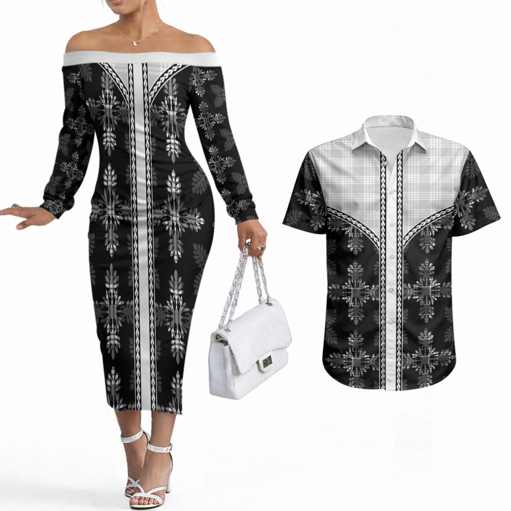 Black Hawaii Paniolo Quilt Motif Couples Matching Off The Shoulder Long Sleeve Dress and Hawaiian Shirt LT05 Black - Polynesian Pride