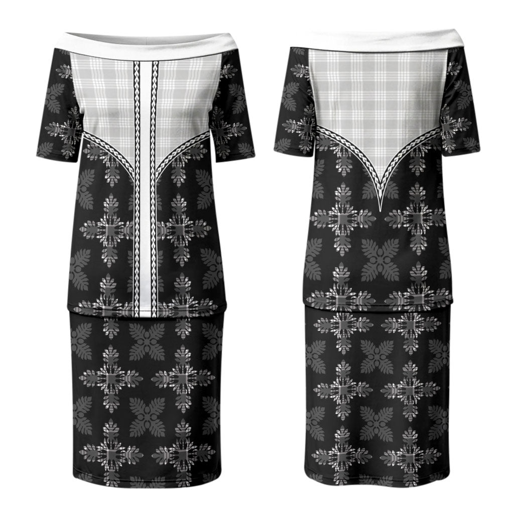 Black Hawaii Paniolo Quilt Motif Couples Matching Puletasi and Long Sleeve Button Shirt LT05 - Polynesian Pride