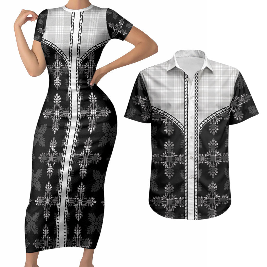 Black Hawaii Paniolo Quilt Motif Couples Matching Short Sleeve Bodycon Dress and Hawaiian Shirt LT05 Black - Polynesian Pride
