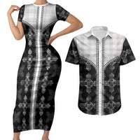 Black Hawaii Paniolo Quilt Motif Couples Matching Short Sleeve Bodycon Dress and Hawaiian Shirt LT05 Black - Polynesian Pride