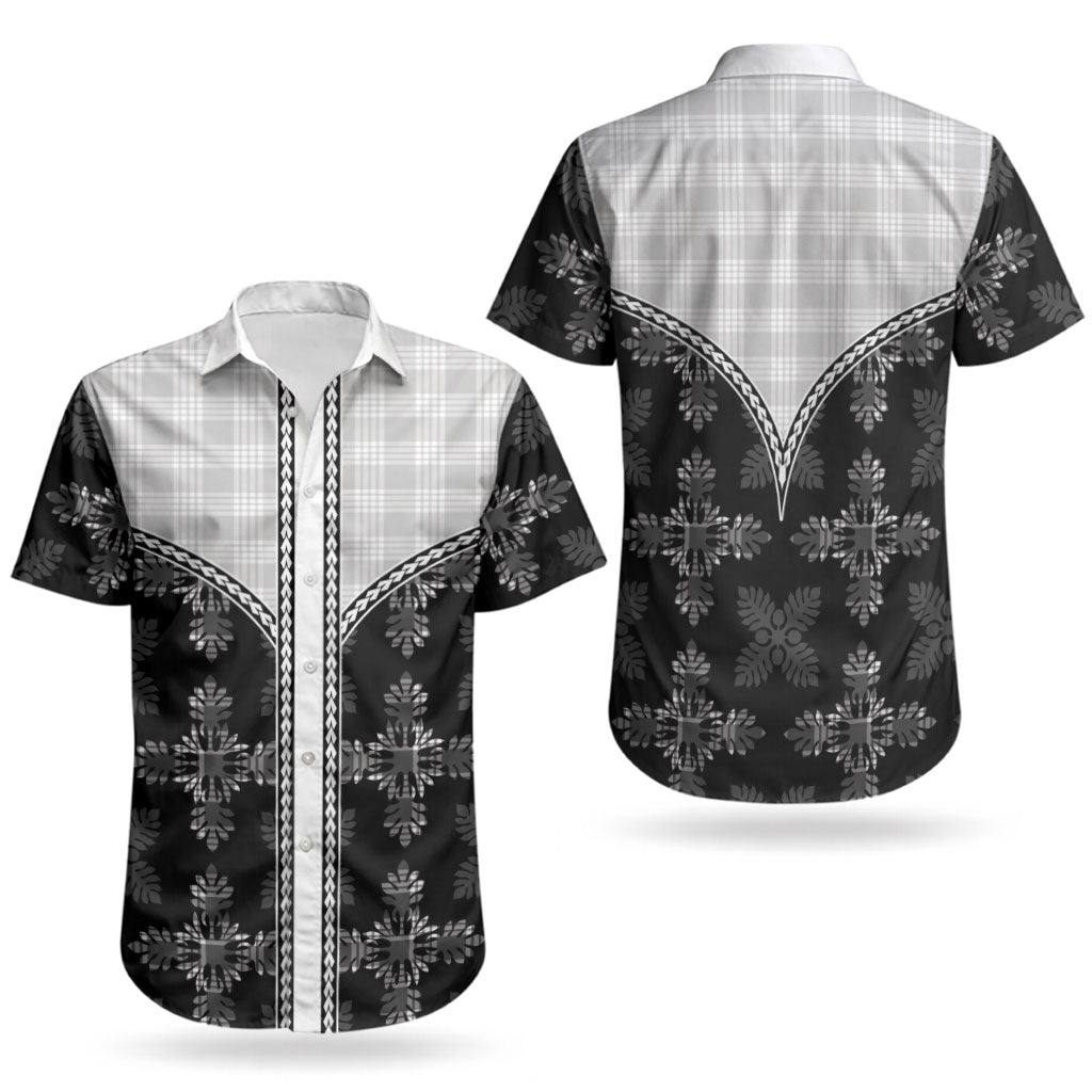 Black Hawaii Paniolo Quilt Motif Couples Matching Short Sleeve Bodycon Dress and Hawaiian Shirt LT05 - Polynesian Pride