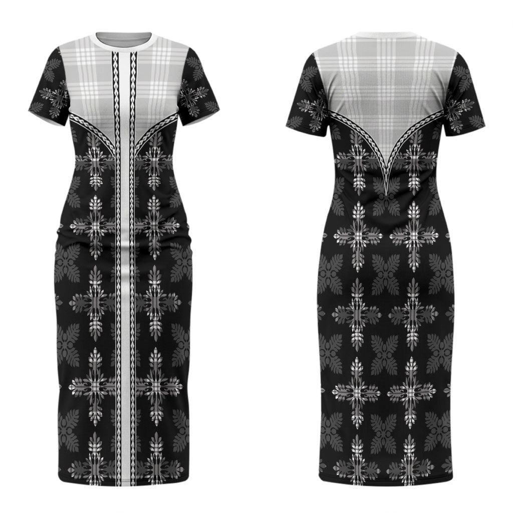 Black Hawaii Paniolo Quilt Motif Couples Matching Short Sleeve Bodycon Dress and Hawaiian Shirt LT05 - Polynesian Pride