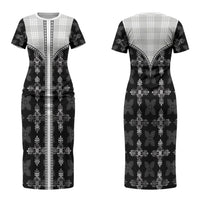 Black Hawaii Paniolo Quilt Motif Couples Matching Short Sleeve Bodycon Dress and Hawaiian Shirt LT05 - Polynesian Pride