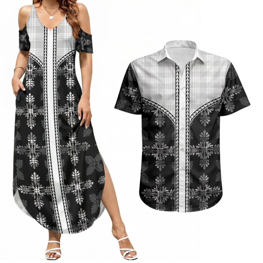 Black Hawaii Paniolo Quilt Motif Couples Matching Summer Maxi Dress and Hawaiian Shirt