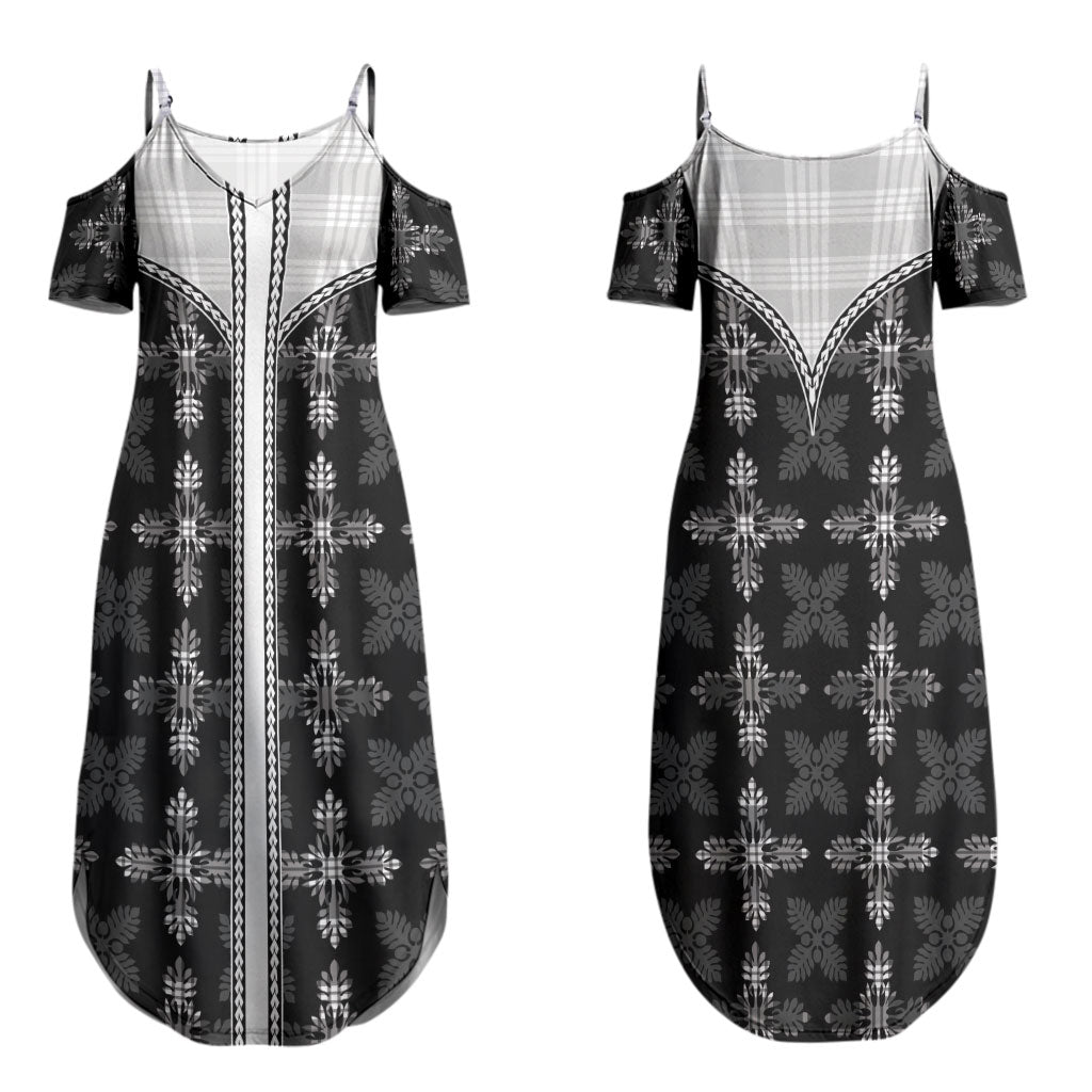 Black Hawaii Paniolo Quilt Motif Couples Matching Summer Maxi Dress and Long Sleeve Button Shirt LT05 - Polynesian Pride
