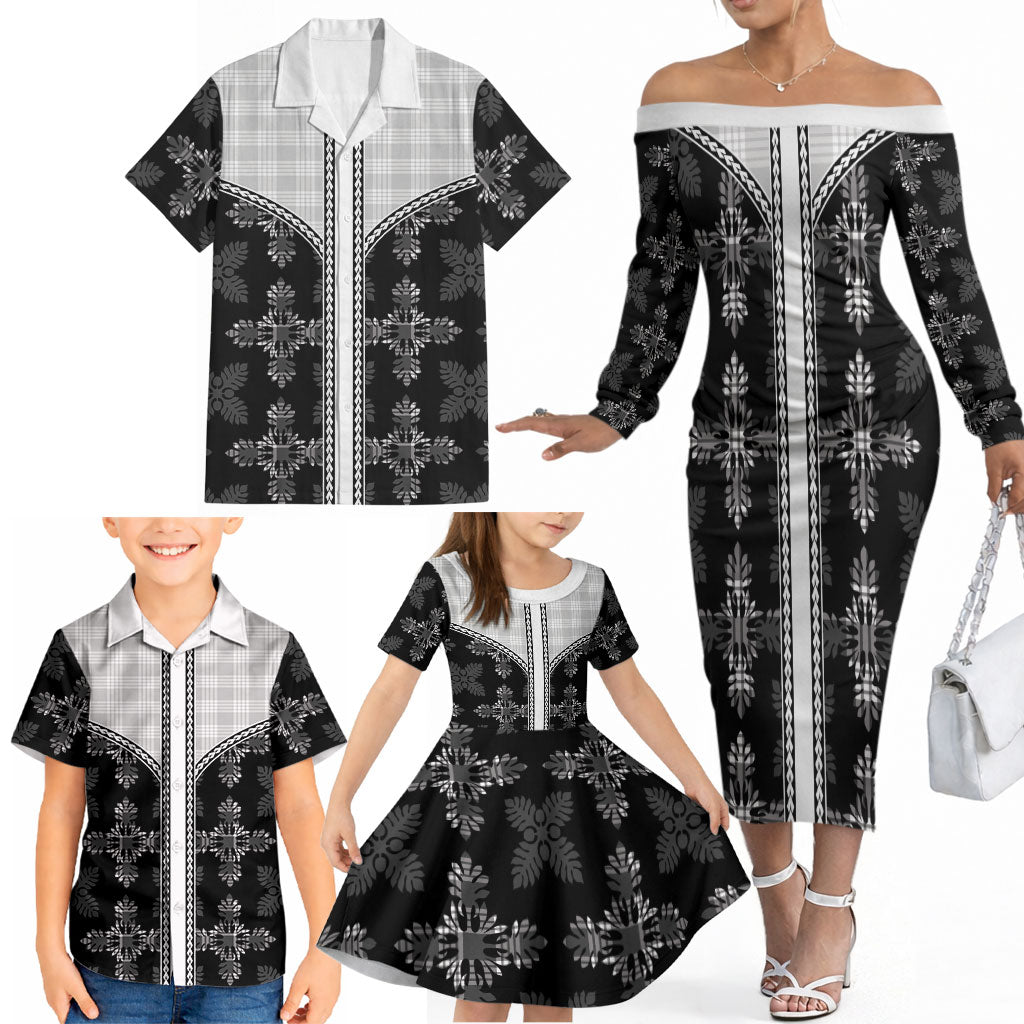 Black Hawaii Paniolo Quilt Motif Family Matching Off The Shoulder Long Sleeve Dress and Hawaiian Shirt LT05 - Polynesian Pride