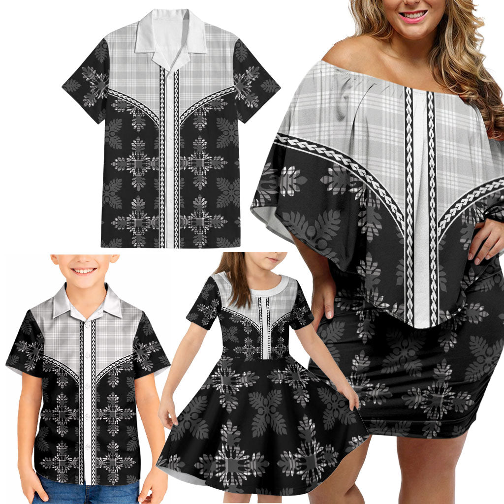 Black Hawaii Paniolo Quilt Motif Family Matching Off Shoulder Short Dress and Hawaiian Shirt LT05 - Polynesian Pride