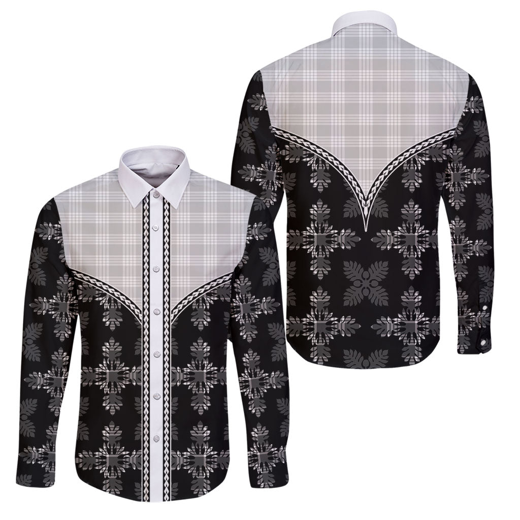 Black Hawaii Paniolo Quilt Motif Family Matching Summer Maxi Dress and Hawaiian Shirt LT05 Dad's Shirt - Long Sleeve Black - Polynesian Pride