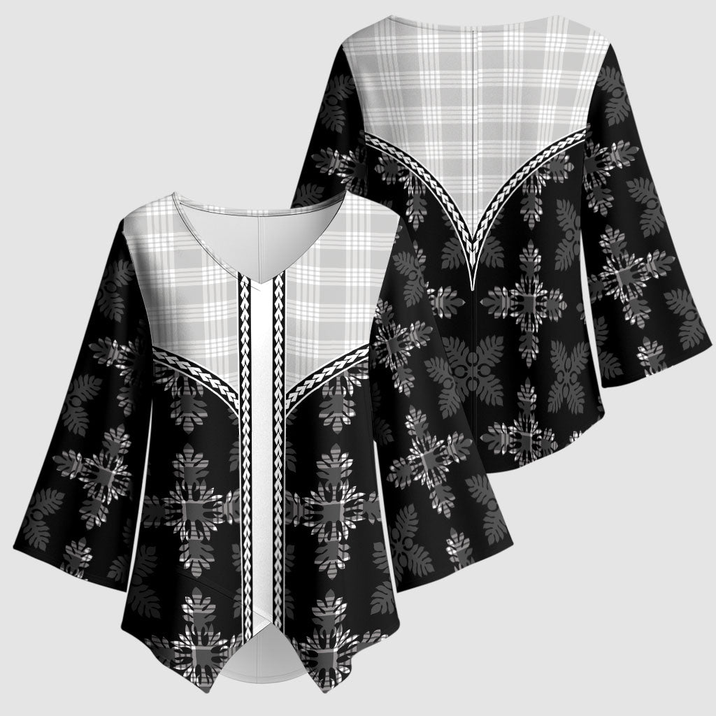 Black Hawaii Paniolo Quilt Motif Kimono Sleeve Blouse LT05 - Polynesian Pride