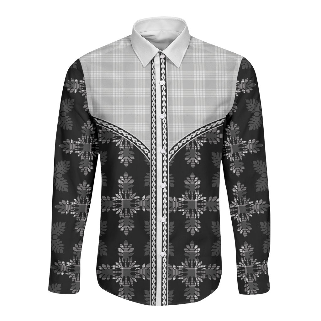 Black Hawaii Paniolo Quilt Motif Long Sleeve Button Shirt LT05 Unisex Black - Polynesian Pride