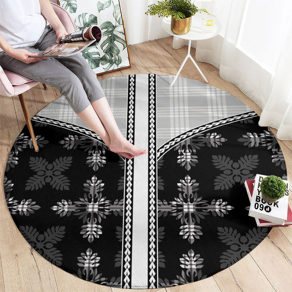 Black Hawaii Paniolo Quilt Motif Round Carpet LT05 - Polynesian Pride