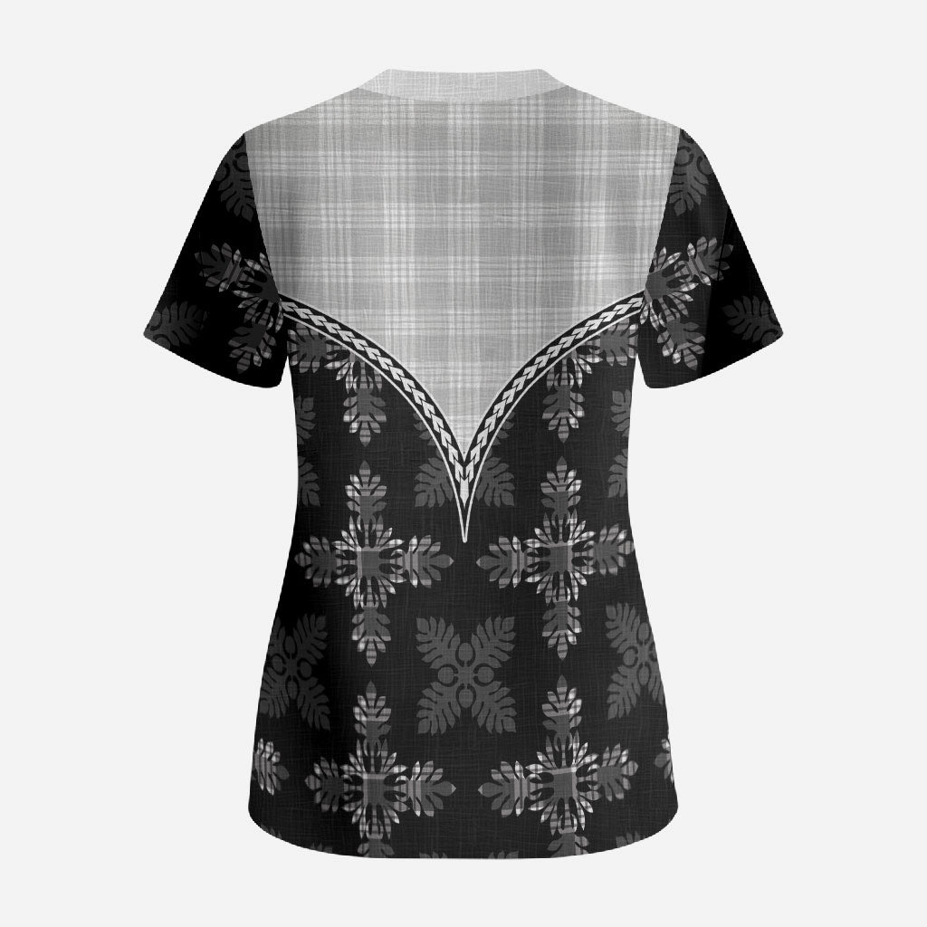 Black Hawaii Paniolo Quilt Motif Scrub Top LT05 - Polynesian Pride