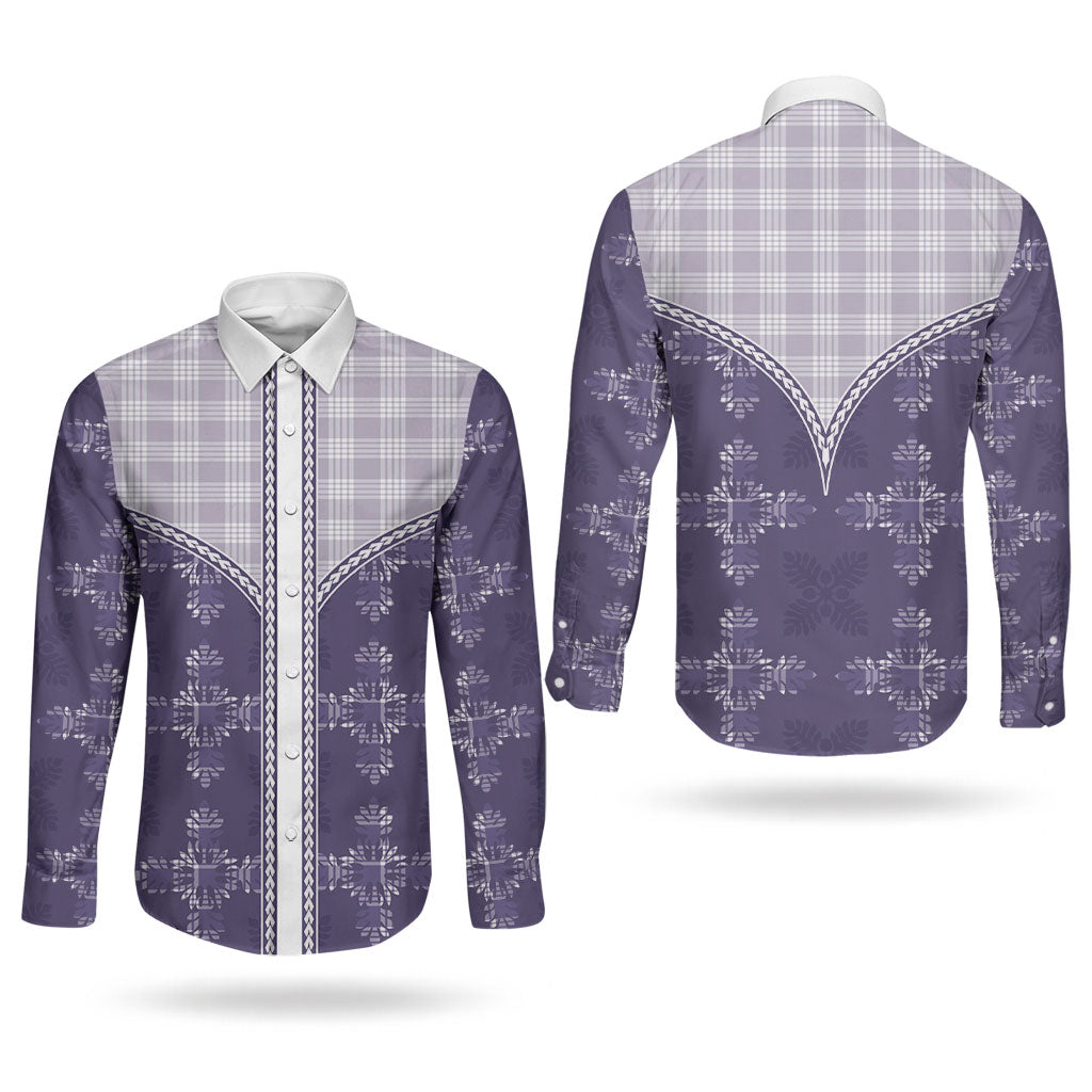Purple Hawaii Paniolo Quilt Motif Couples Matching Long Sleeve Bodycon Dress and Long Sleeve Button Shirt LT05 - Polynesian Pride