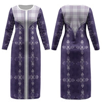 Purple Hawaii Paniolo Quilt Motif Couples Matching Long Sleeve Bodycon Dress and Long Sleeve Button Shirt LT05 - Polynesian Pride