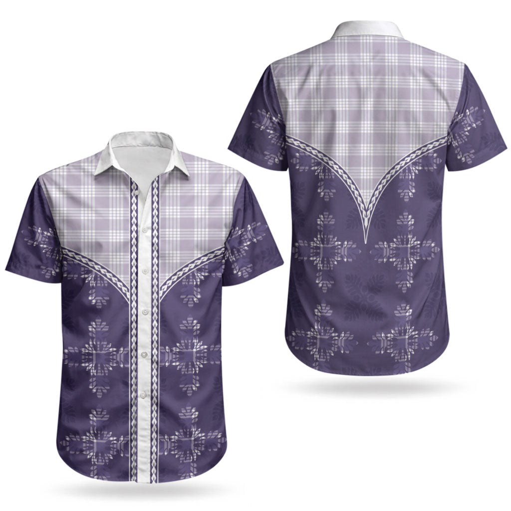 Purple Hawaii Paniolo Quilt Motif Couples Matching Off Shoulder Short Dress and Hawaiian Shirt LT05 - Polynesian Pride