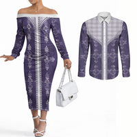 Purple Hawaii Paniolo Quilt Motif Couples Matching Off The Shoulder Long Sleeve Dress and Long Sleeve Button Shirt LT05 Purple - Polynesian Pride