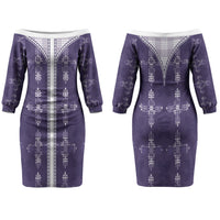 Purple Hawaii Paniolo Quilt Motif Couples Matching Off The Shoulder Long Sleeve Dress and Long Sleeve Button Shirt LT05 - Polynesian Pride