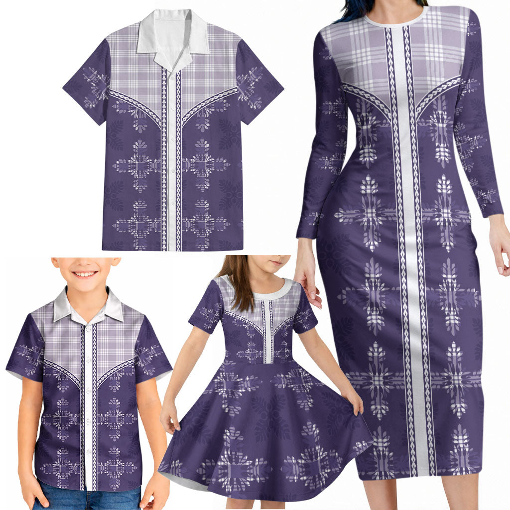 Purple Hawaii Paniolo Quilt Motif Family Matching Long Sleeve Bodycon Dress and Hawaiian Shirt LT05 - Polynesian Pride