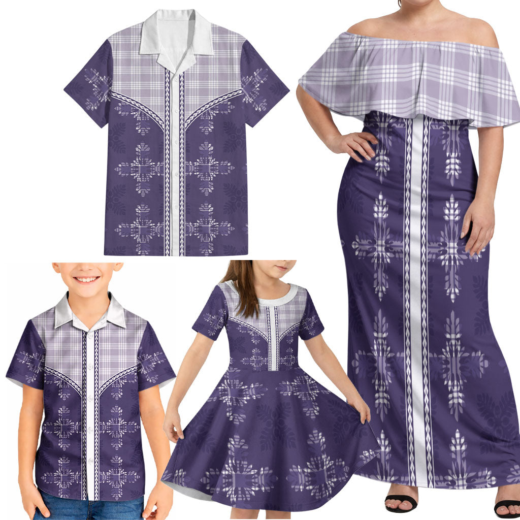 Purple Hawaii Paniolo Quilt Motif Family Matching Off Shoulder Maxi Dress and Hawaiian Shirt LT05 - Polynesian Pride