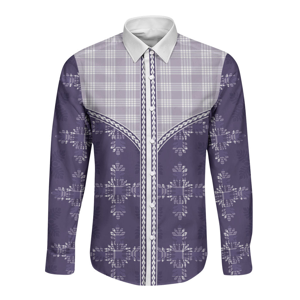 Purple Hawaii Paniolo Quilt Motif Long Sleeve Button Shirt LT05 Unisex Purple - Polynesian Pride
