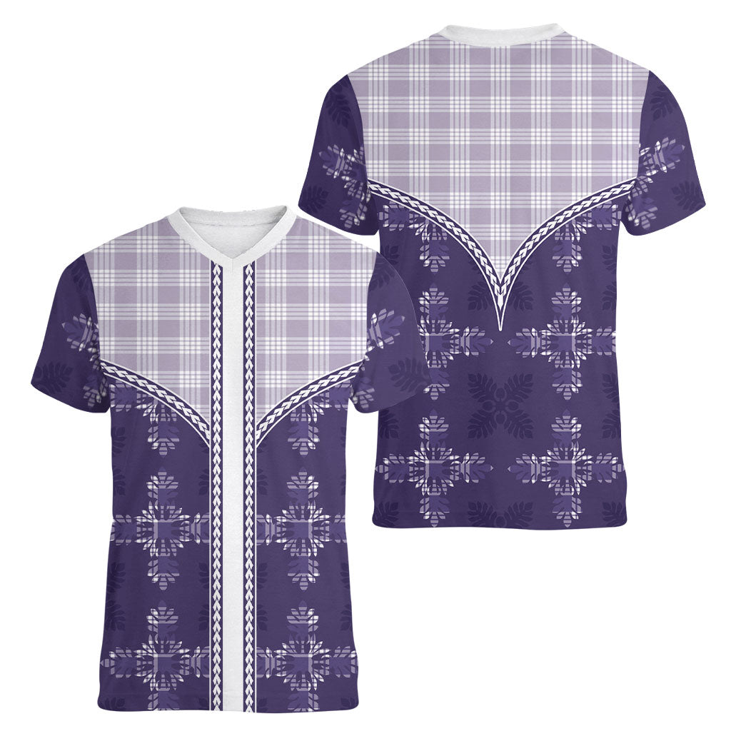Purple Hawaii Paniolo Quilt Motif Women V-Neck T-Shirt LT05 - Polynesian Pride