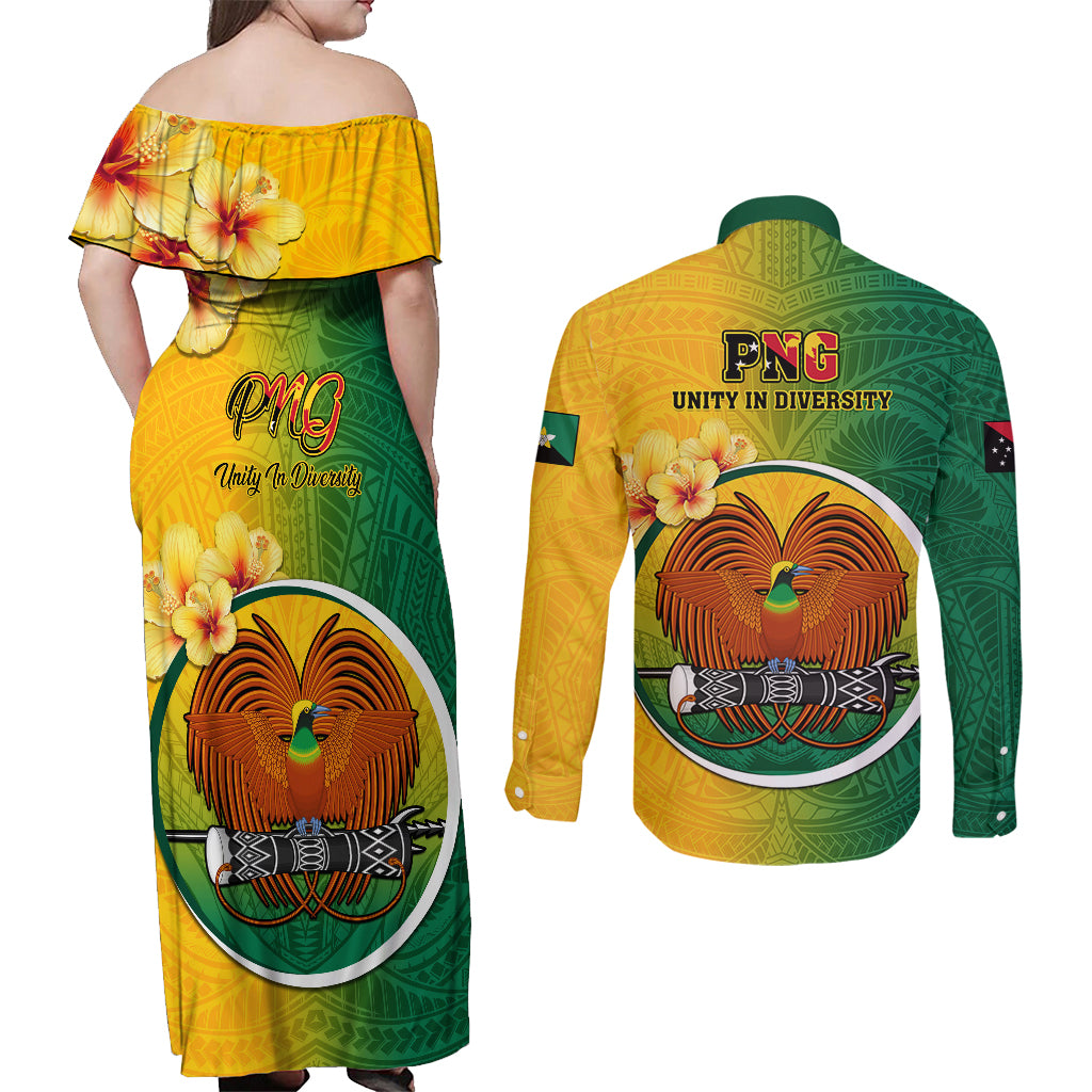 Papua New Guinea Enga Province Couples Matching Off Shoulder Maxi Dress and Long Sleeve Button Shirts Mix Coat Of Arms Polynesian Pattern LT05 - Polynesian Pride