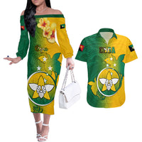 Papua New Guinea Enga Province Couples Matching Off The Shoulder Long Sleeve Dress and Hawaiian Shirt Mix Coat Of Arms Polynesian Pattern LT05 Green - Polynesian Pride